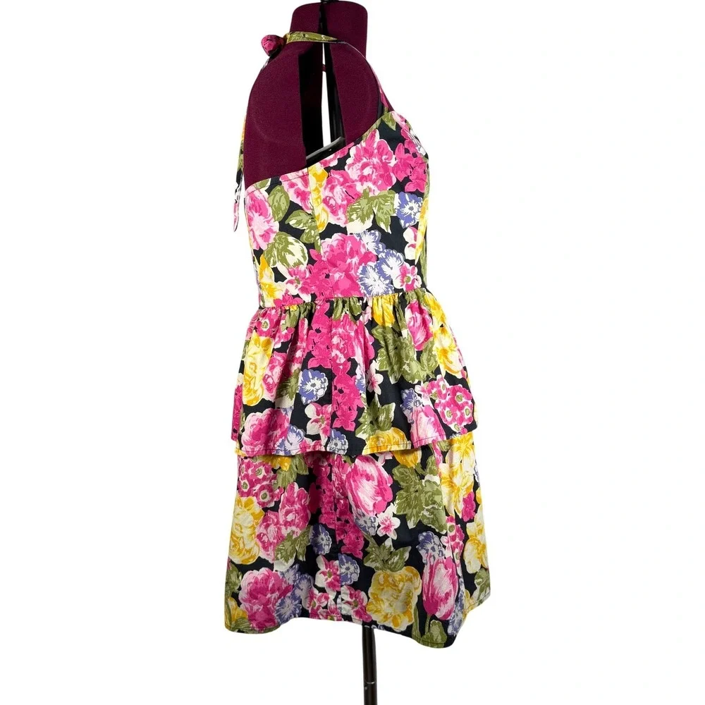 Moda International Floral Halter Dress Cotton Tiered Peplum Retro Y2K Vtg Size 6 - Picture 4 of 16